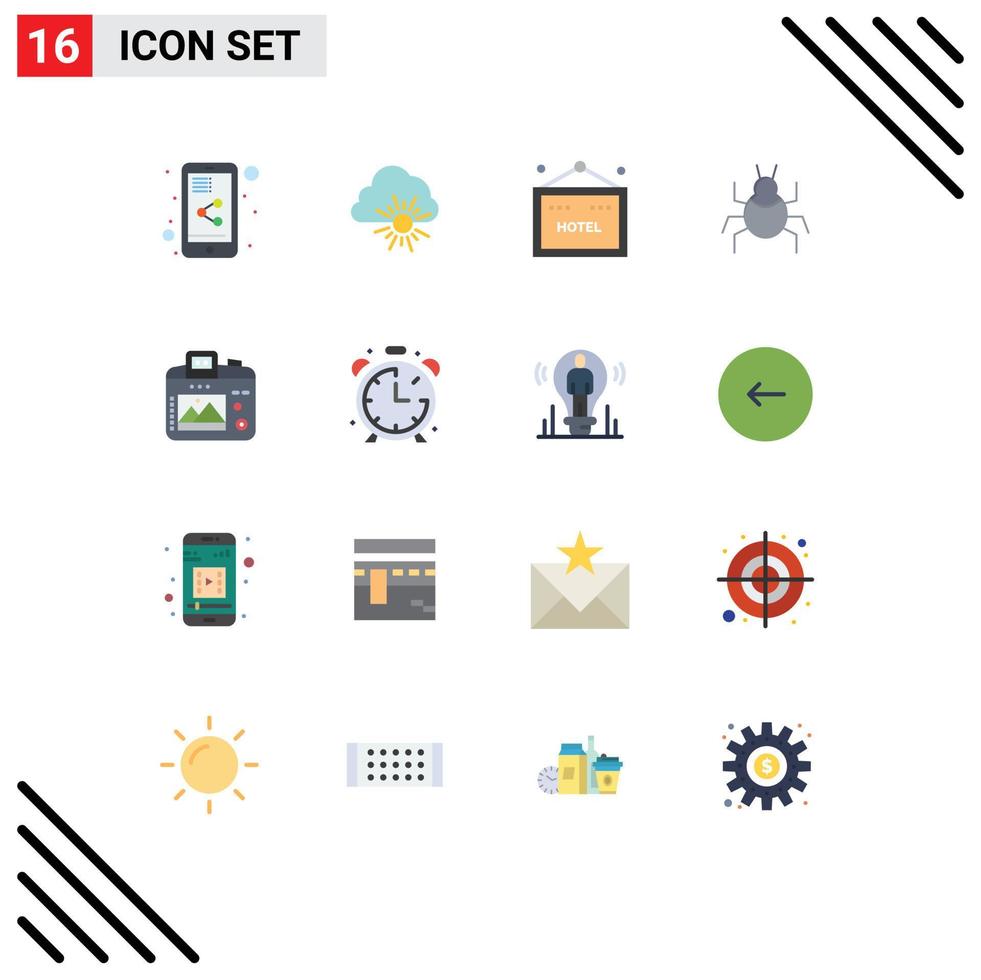 16 concept de couleur plate pour les sites Web mobiles et applications passe-temps signe d'image virus de la caméra pack modifiable d'éléments de conception de vecteur créatif