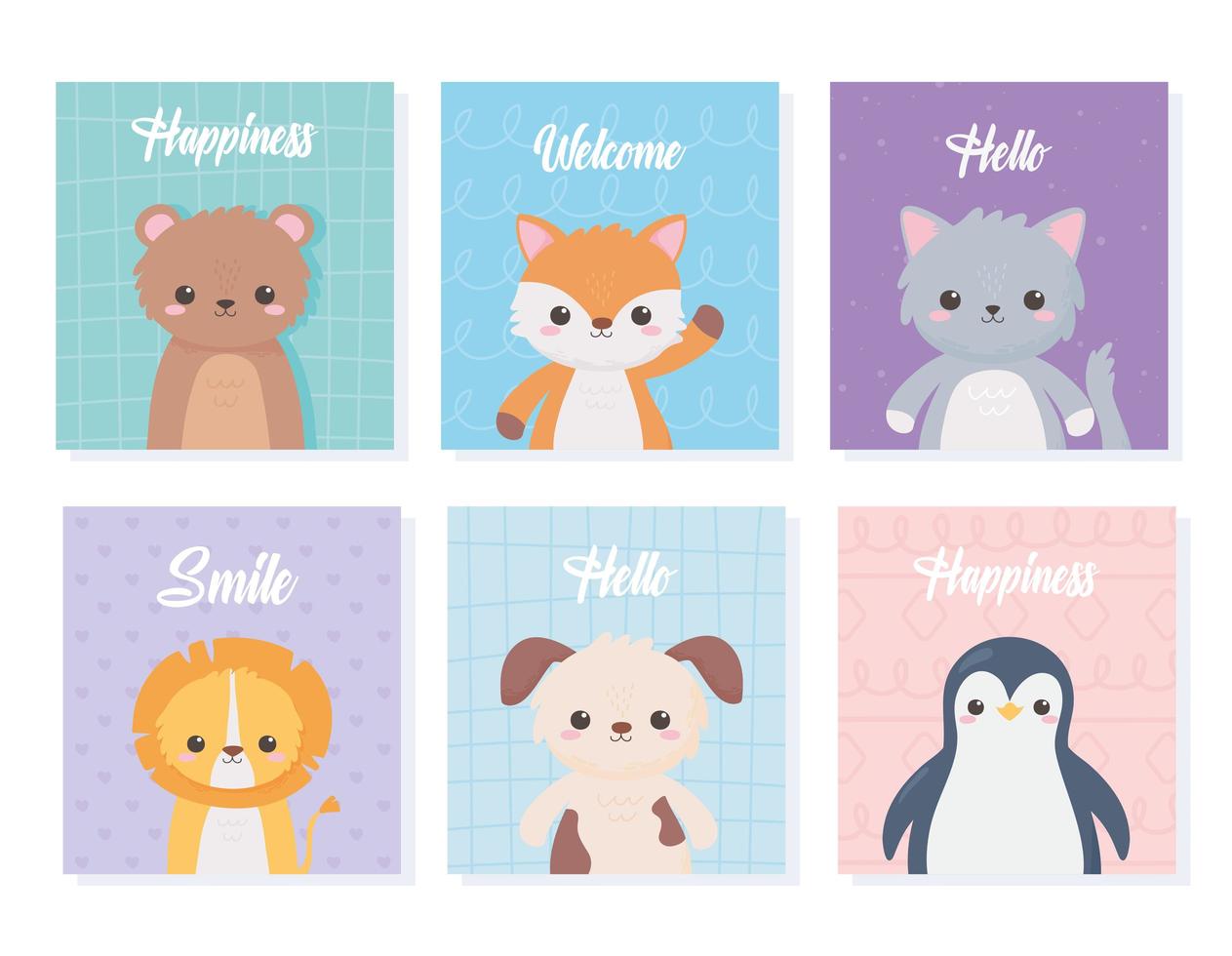 Cartes de portrait d'animaux de dessin animé mignon avec ours chat lion chien pingouin vecteur