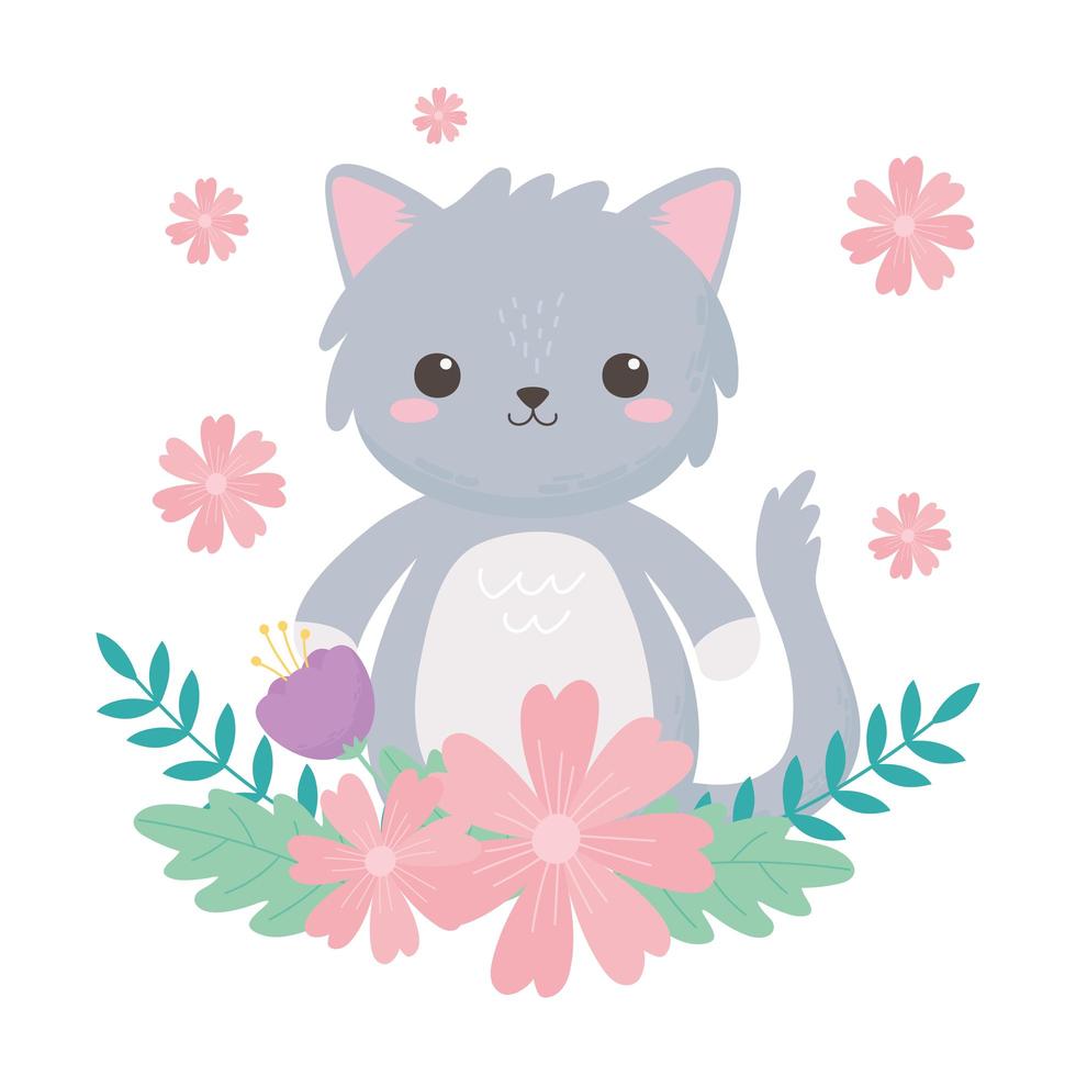 petit chat gris avec des fleurs et des animaux de dessin animé de feuillage vecteur