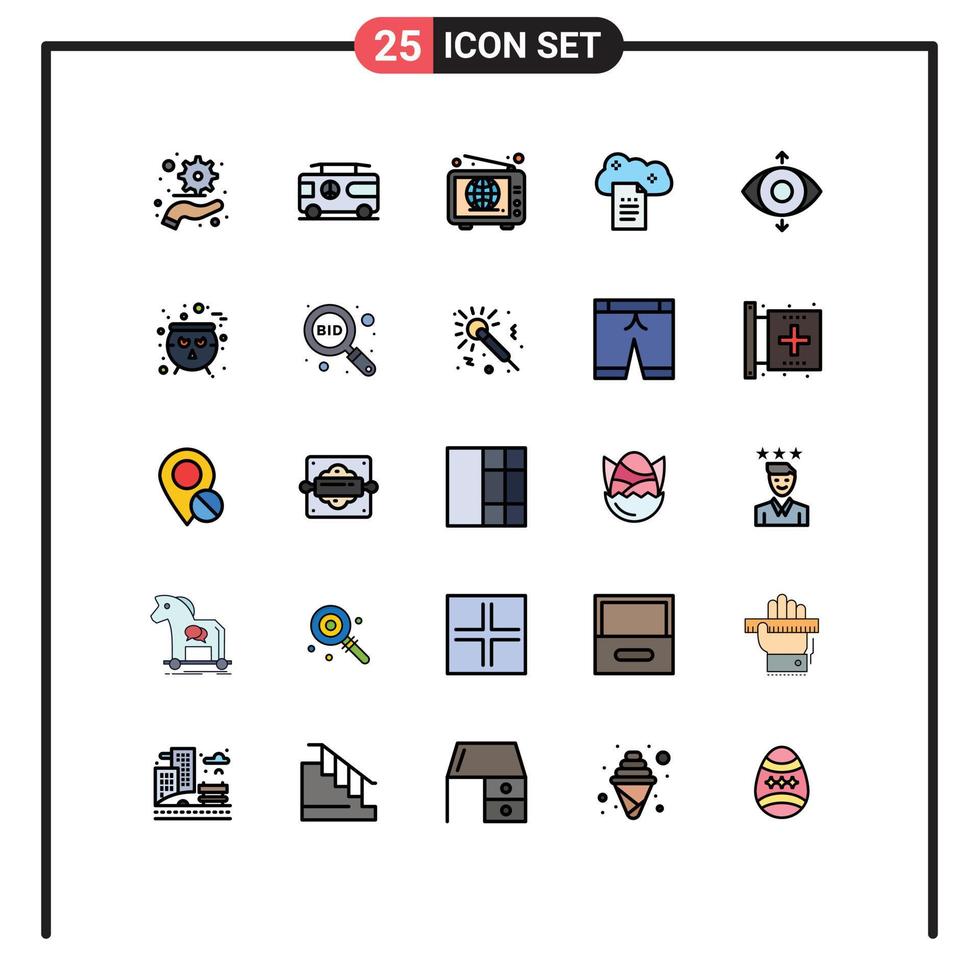ensemble moderne de 25 pictogrammes de couleurs plates de lignes remplies de documents de ciel de mise au point documents en ligne larges éléments de conception vectoriels modifiables de stockage numérique vecteur