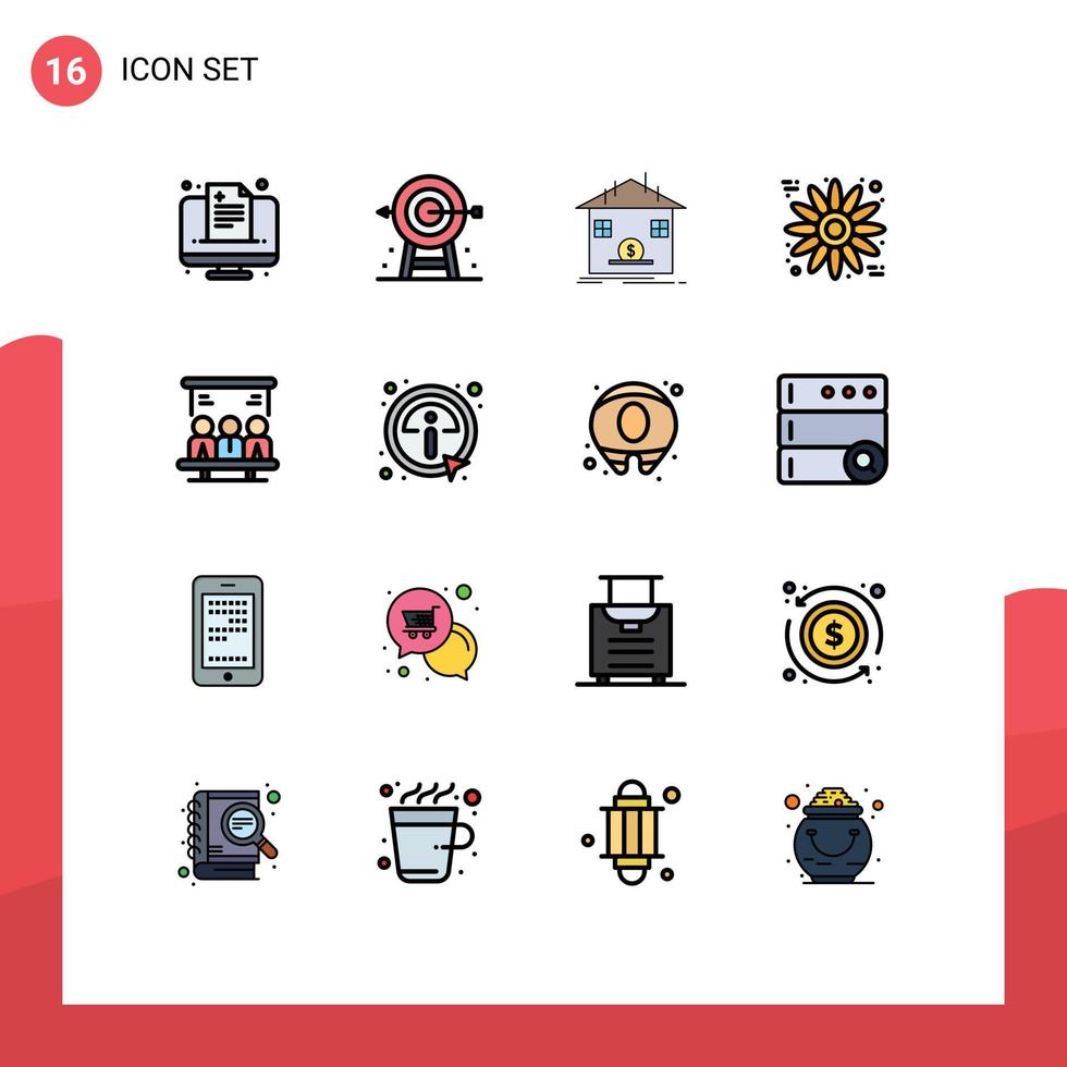 groupe de 16 signes et symboles de lignes remplies de couleurs plates pour le projet stratégie de tournesol remboursement de fleurs éléments de conception vectoriels créatifs modifiables vecteur