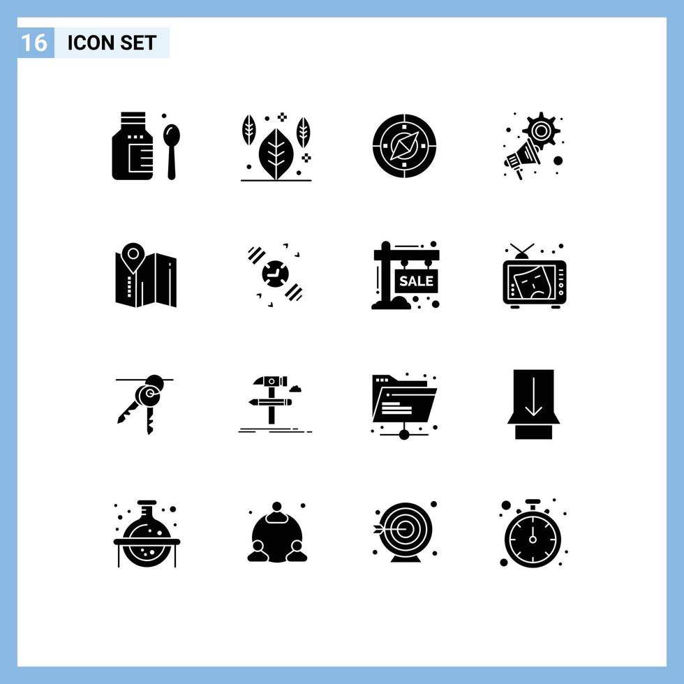 ensemble moderne de 16 glyphes et symboles solides tels que la carte de l'hôtel boussole emplacement mégaphone éléments de conception vectoriels modifiables vecteur