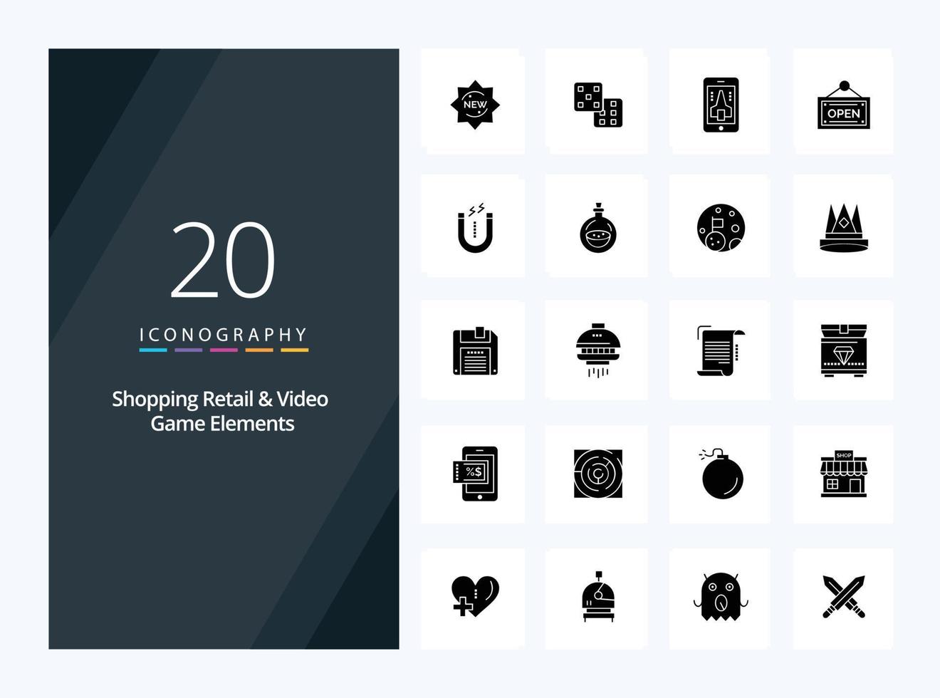 20 éléments de vente au détail et de jeux vidéo icône de glyphe solide pour la présentation vecteur
