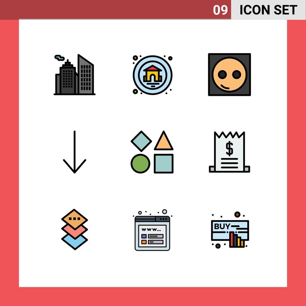 ensemble de pictogrammes de 9 couleurs plates remplies simples de formes de factures éléments de conception vectoriels modifiables géométriques électroniques vers le bas vecteur