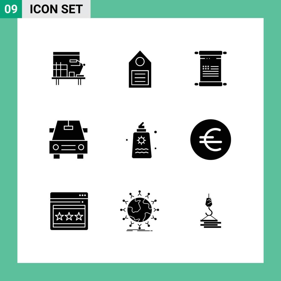 ensemble moderne de 9 pictogrammes de glyphes solides de véhicules d'étiquette de crème solaire de parc usa éléments de conception vectoriels modifiables vecteur