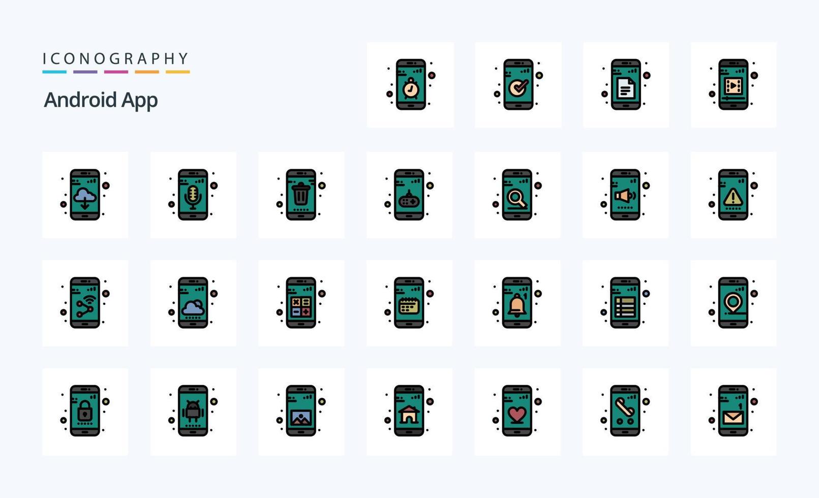 25 pack d'icônes de style rempli de ligne d'application android vecteur