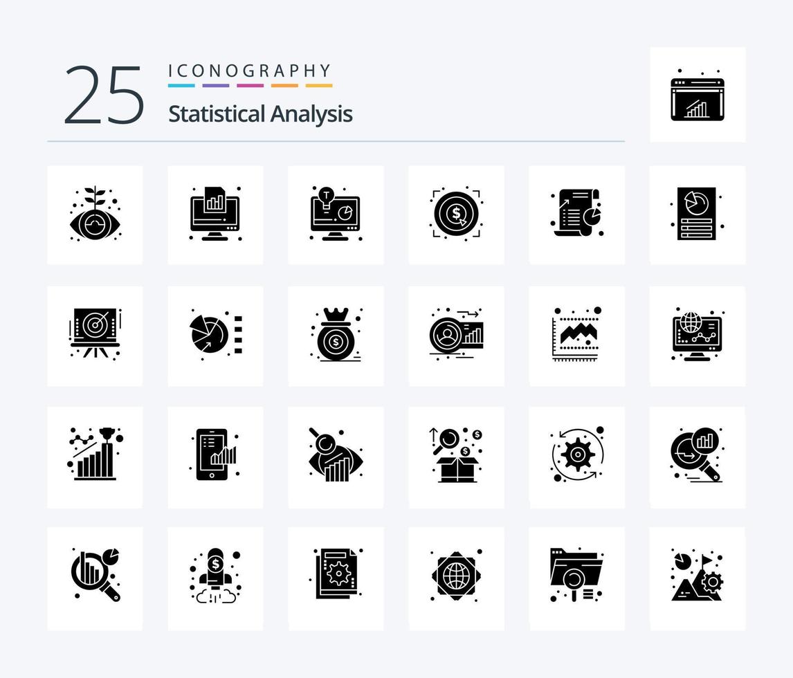 analyse statistique pack d'icônes de 25 glyphes solides, y compris les entreprises. de l'argent. rapport. réalisation. Solution d'entreprise vecteur