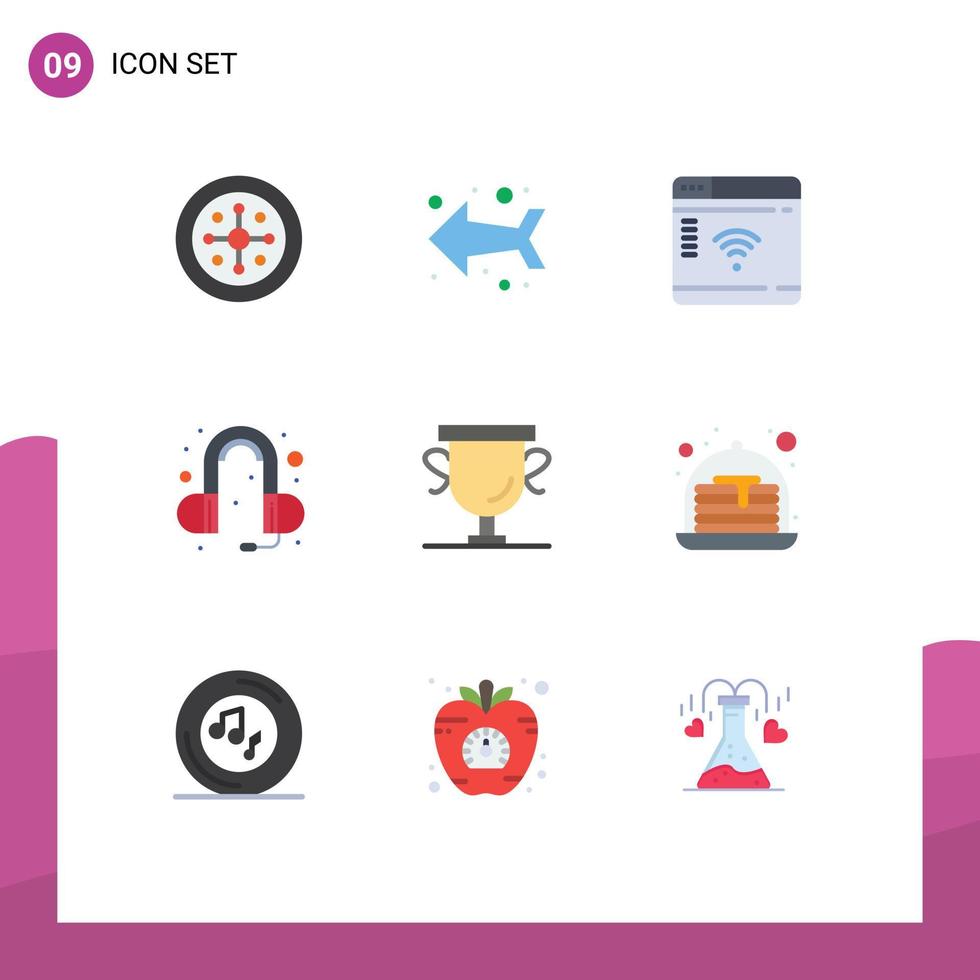ensemble moderne de 9 pictogrammes de couleurs plates du trophée récompense iot réalisations tête téléphone éléments de conception vectoriels modifiables vecteur