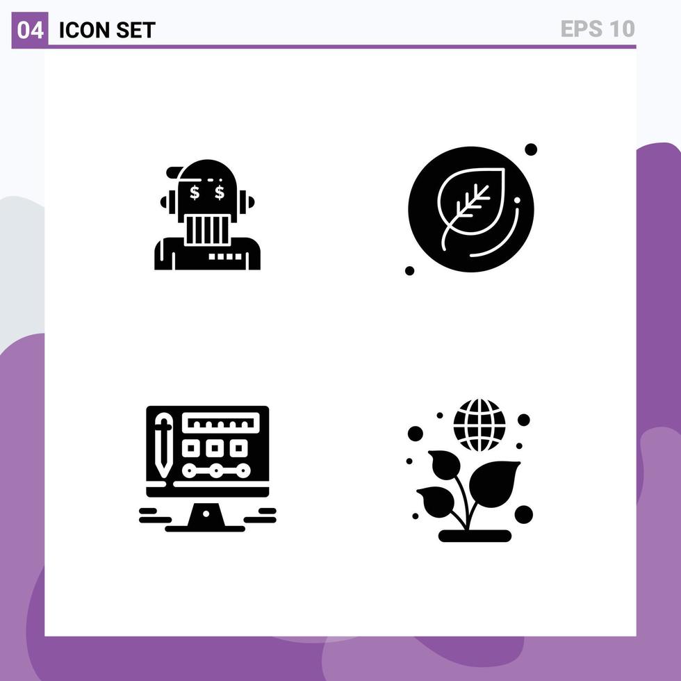 ensemble de 4 glyphes solides vectoriels sur la grille pour l'algorithme d'écran robo advisor leaf earth éléments de conception vectoriels modifiables vecteur