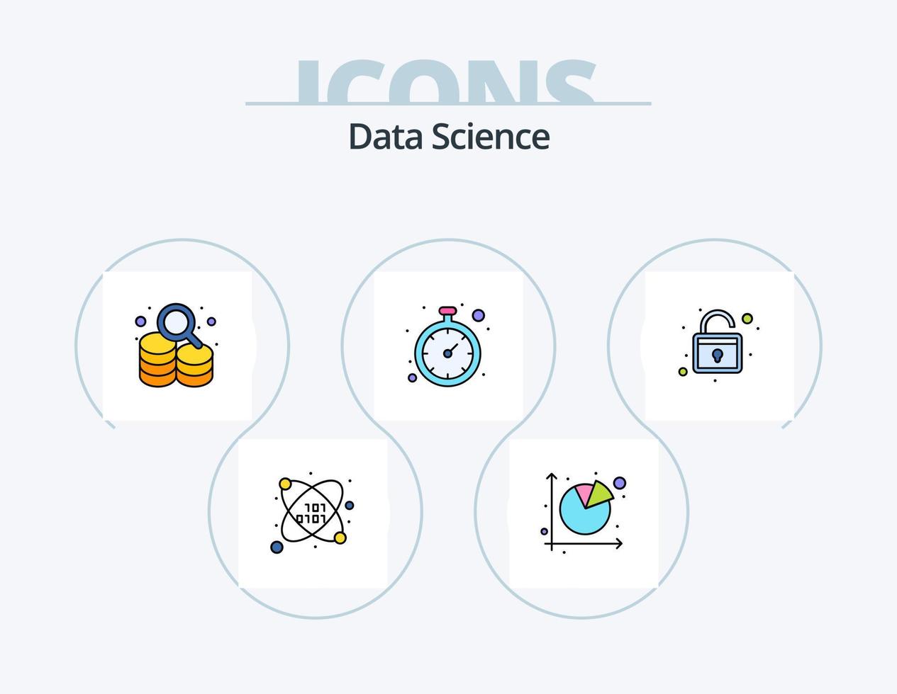 pack d'icônes remplies de ligne de science des données 5 conception d'icônes. analyse du temps. Date. Big Data. l'horloge. cerveau vecteur