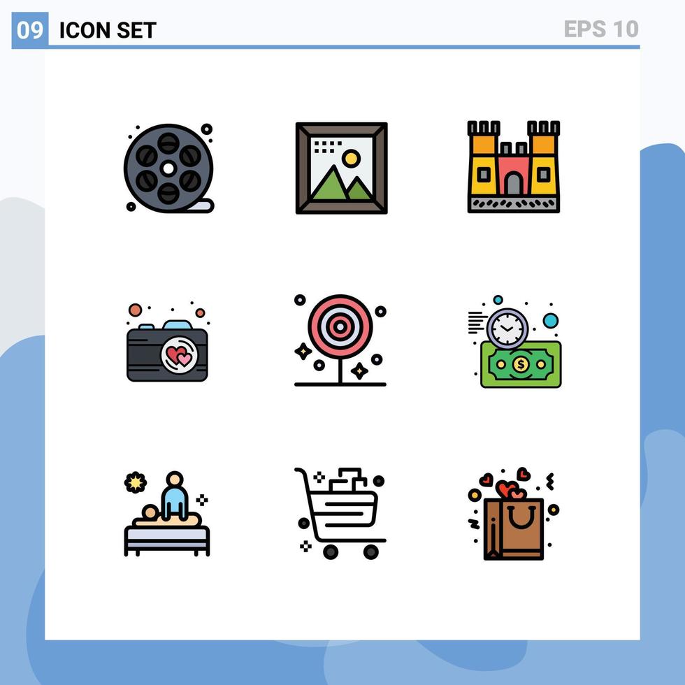 interface mobile filledline couleur plate ensemble de 9 pictogrammes de boisson petit déjeuner images de programmation caméra éléments de conception vectoriels modifiables vecteur