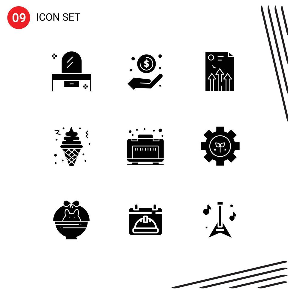 ensemble de 9 glyphes solides vectoriels sur la grille pour l'argent du cône de restauration rapide dans le document de rapport à la main éléments de conception vectoriels modifiables vecteur