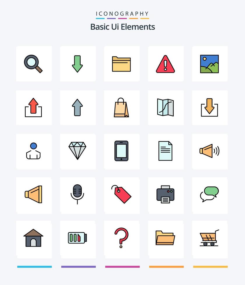 Éléments d'interface utilisateur de base créatifs pack d'icônes remplies de 25 lignes telles que la galerie. pancarte. dossier. Attention. alerte vecteur