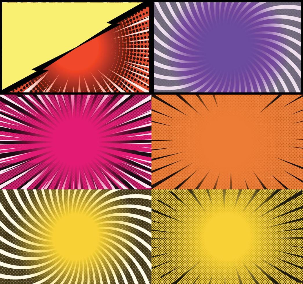 fond de cadres colorés de bande dessinée avec des rayons de demi-teintes effets radiaux et pointillés style pop art vecteur