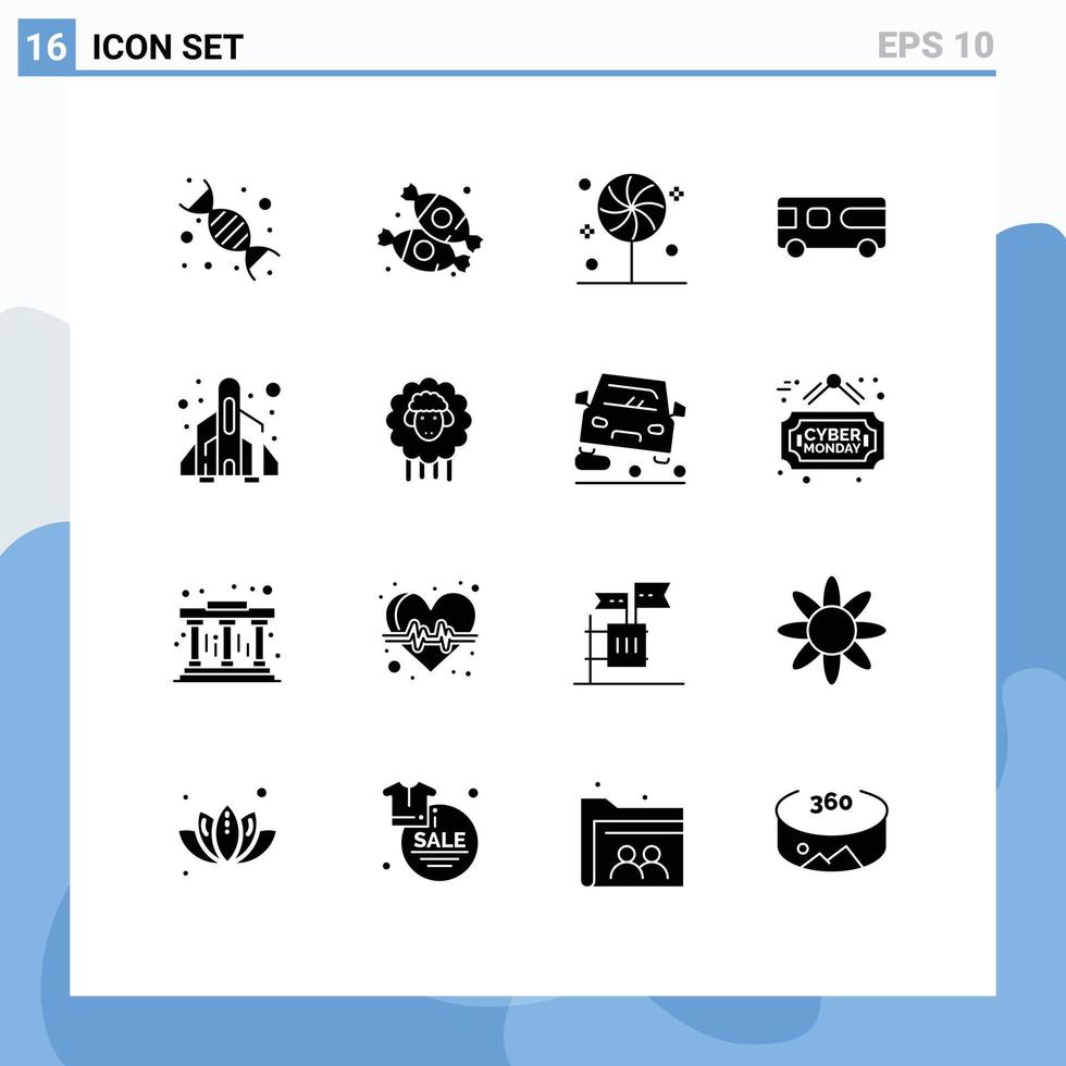 groupe de 16 signes et symboles de glyphes solides pour les éléments de conception vectoriels modifiables sweet combo sweets van rocket vecteur
