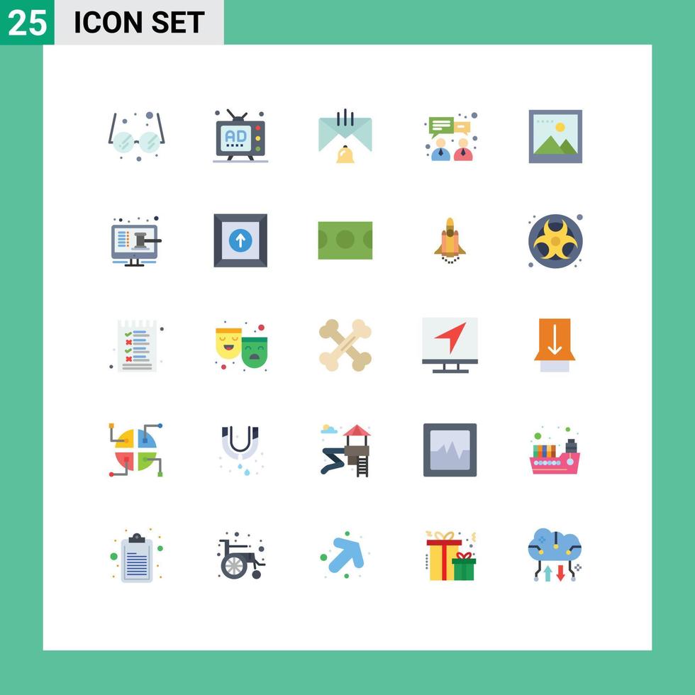 interface mobile couleur plate ensemble de 25 pictogrammes d'aide au chat de cloche de financement des médias éléments de conception vectoriels modifiables vecteur