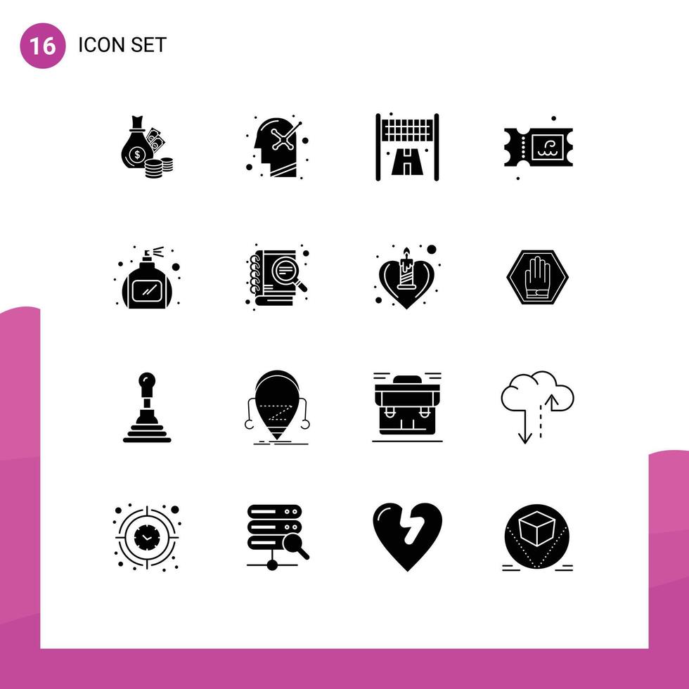 interface mobile glyphe solide ensemble de 16 pictogrammes de flacon pulvérisateur esprit humain billet de parc éléments de conception vectoriels modifiables vecteur
