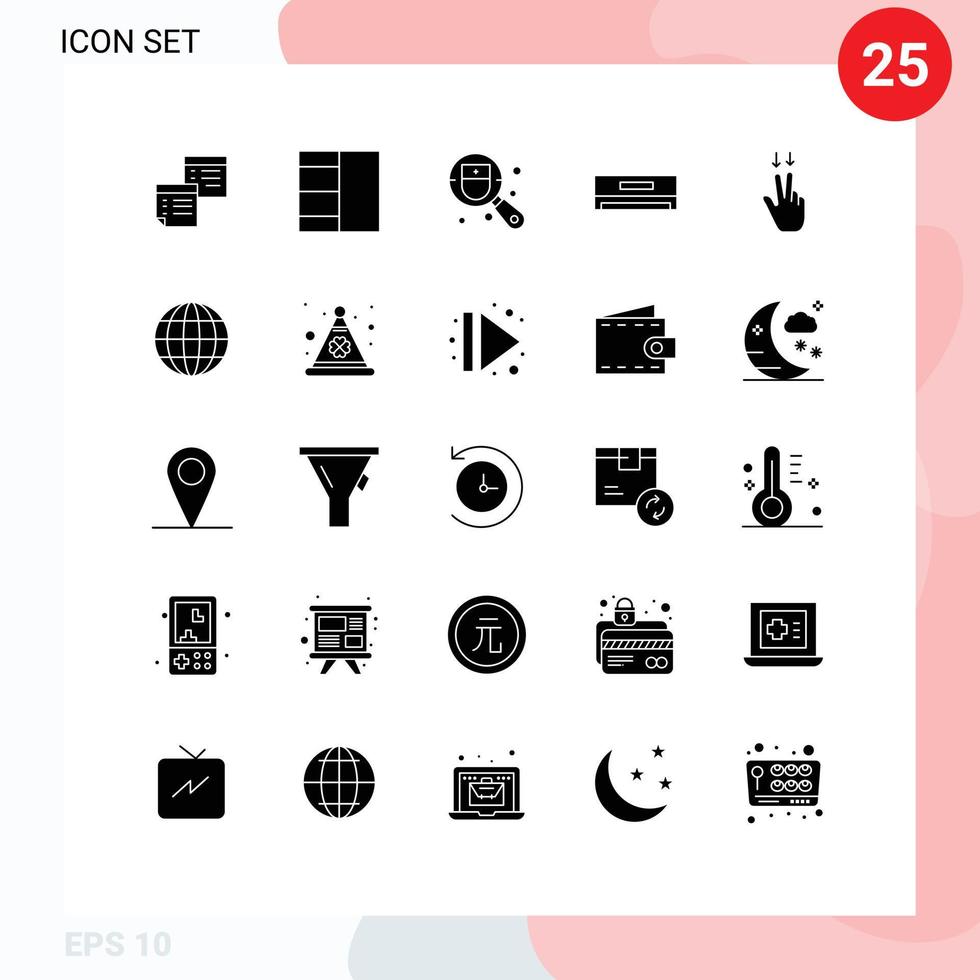 25 glyphes solides universels définis pour les applications web et mobiles doigts mise en page électrique refroidissement recherche éléments de conception vectoriels modifiables vecteur