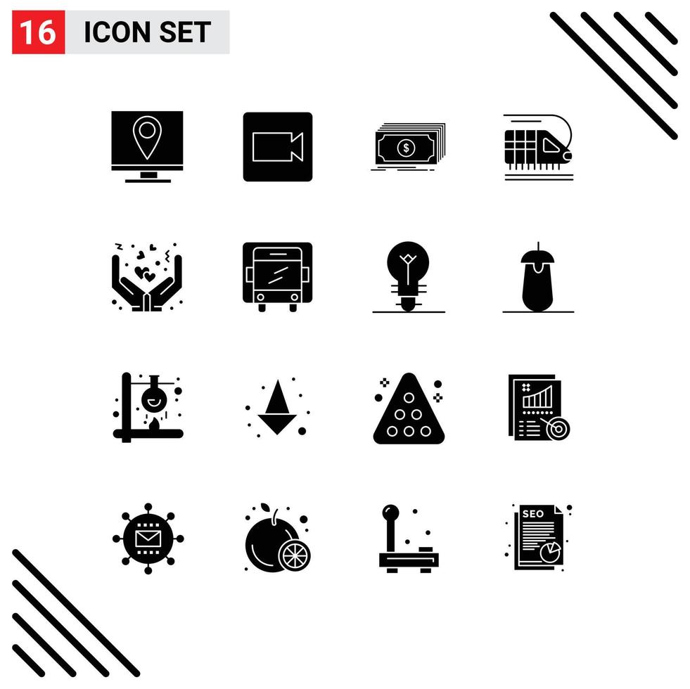 16 concept de glyphe solide pour les sites Web mobiles et les applications couvrent les éléments de conception vectoriels modifiables d'argent de transport de trésorerie de transport vecteur