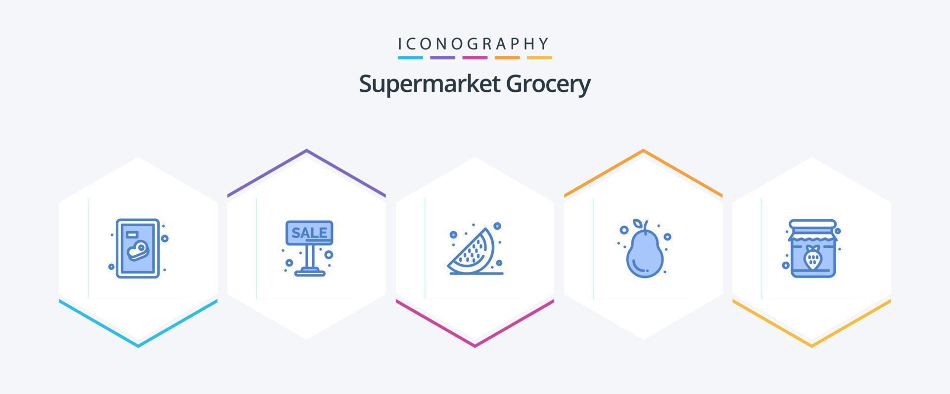 pack d'icônes bleues d'épicerie 25 comprenant un pot. Frais. nourriture. poire. fruit vecteur