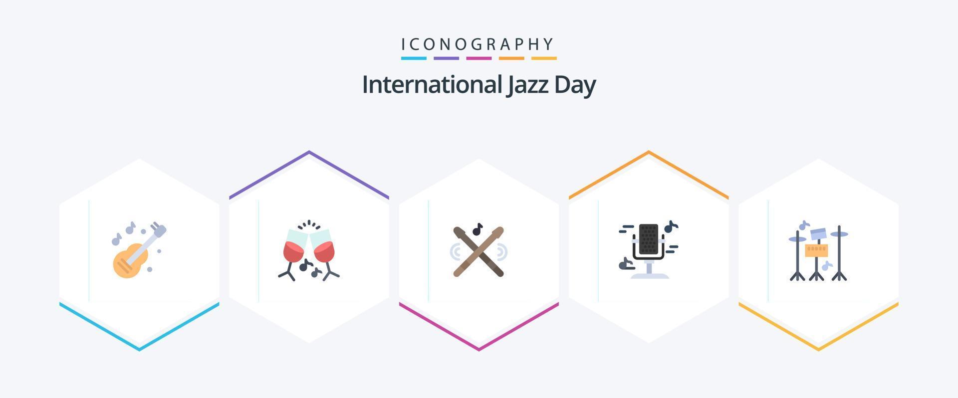 pack d'icônes plates de la journée internationale du jazz 25, y compris la musique. tambouriner. instrument. du son. microphone vecteur