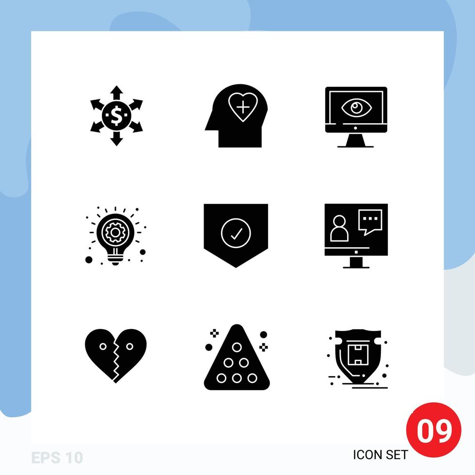 9 concept de glyphe solide pour les sites Web mobiles et les applications protègent l'idée d'entreprise confidentialité ampoule éléments de conception vectoriels modifiables vecteur