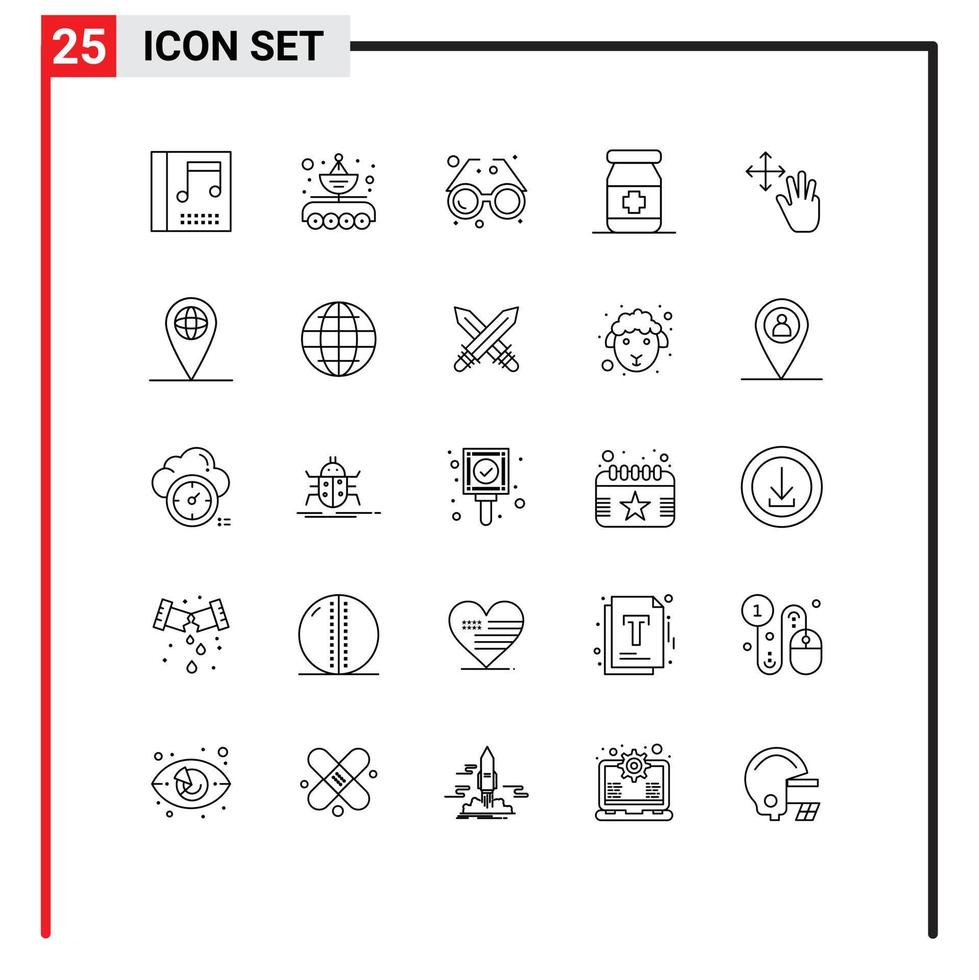 pack d'icônes vectorielles stock de 25 signes et symboles de ligne pour les tablettes de doigts accessoire médical soleil éléments de conception vectoriels modifiables vecteur