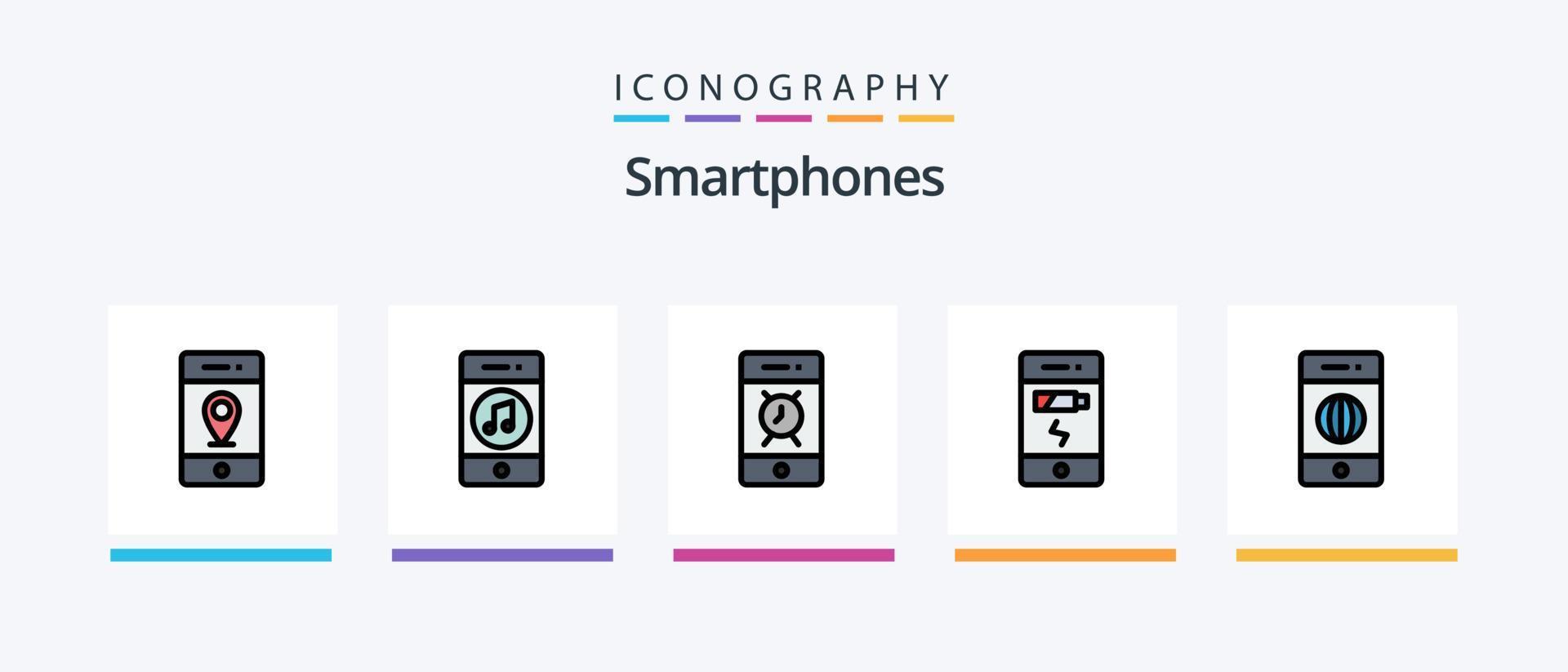 ligne de smartphones remplie de 5 packs d'icônes, y compris la technologie. math. téléphone fixe. calculatrice. vidéo. conception d'icônes créatives vecteur