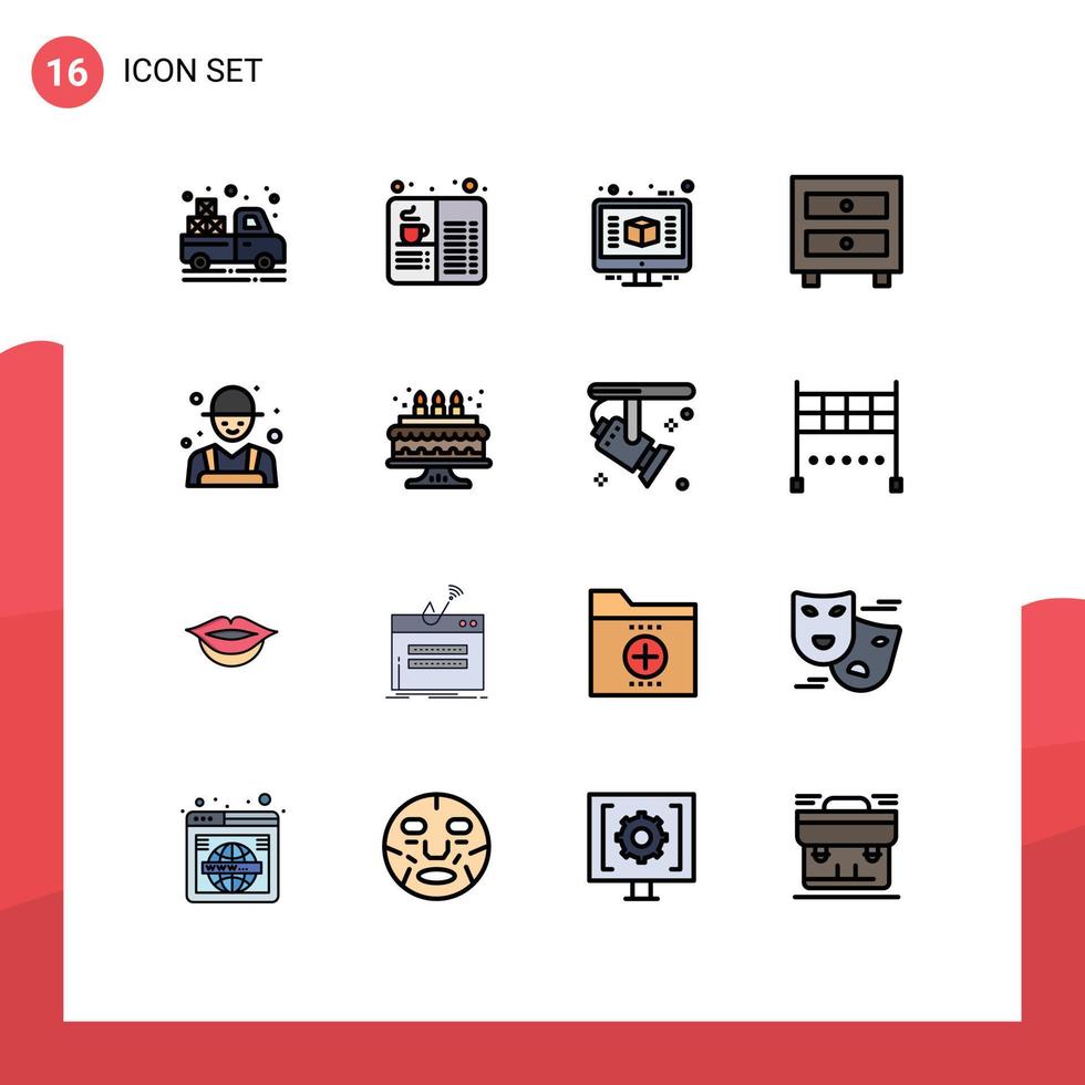 interface mobile ligne remplie de couleurs plates ensemble de 16 pictogrammes de tiroir alimentaire intérieur de la ferme rendu éléments de conception vectoriels créatifs modifiables vecteur
