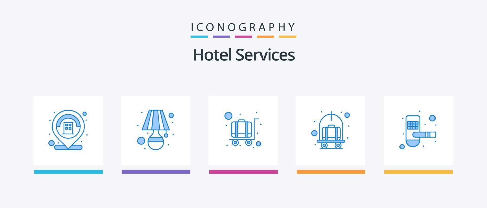 pack d'icônes bleues de 5 services hôteliers comprenant une carte-clé. porte. prestation hôtelière. chariot. Hôtel. conception d'icônes créatives vecteur