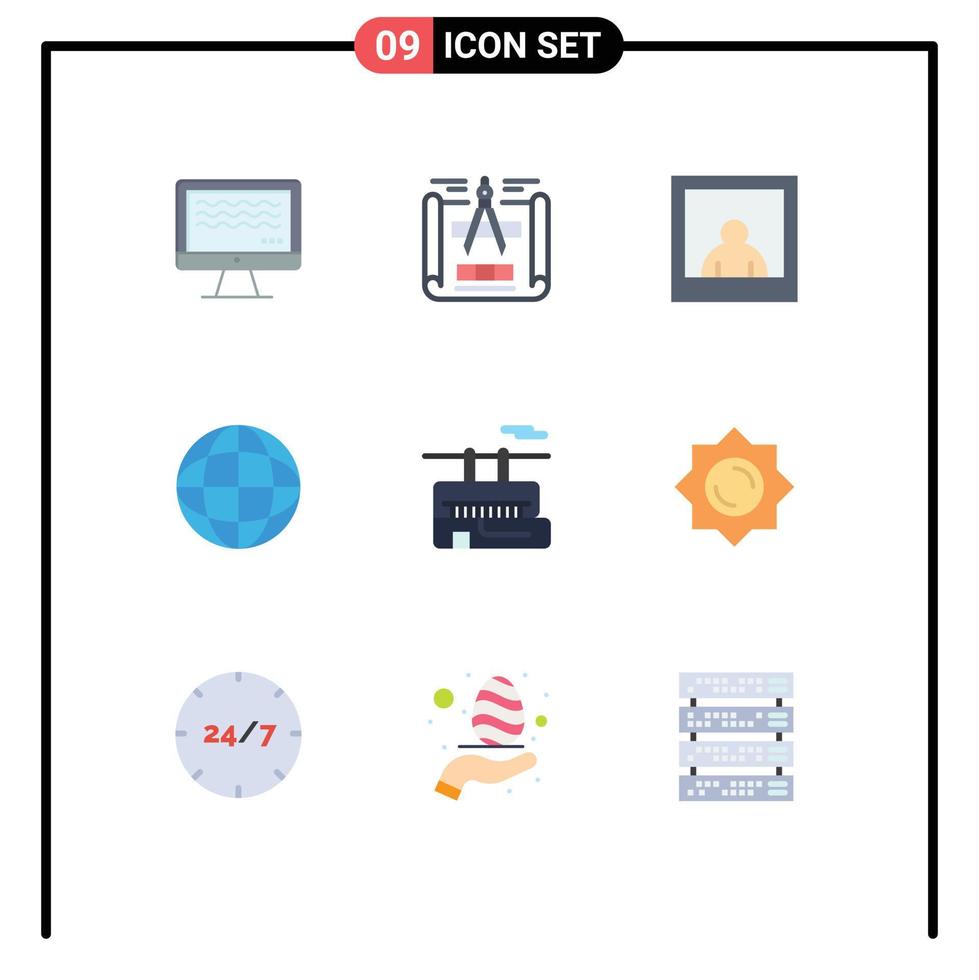 groupe de 9 signes et symboles de couleurs plates pour le transport du soleil femme couronne de tramway éléments de conception vectoriels modifiables vecteur