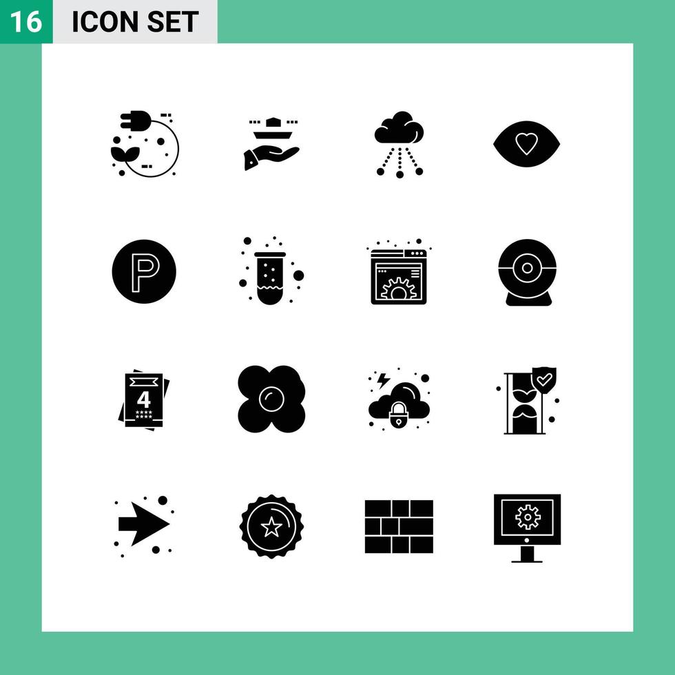 pack de 16 signes et symboles de glyphes solides modernes pour les supports d'impression Web tels que vision visage déjeuner stockage des yeux éléments de conception vectoriels modifiables vecteur