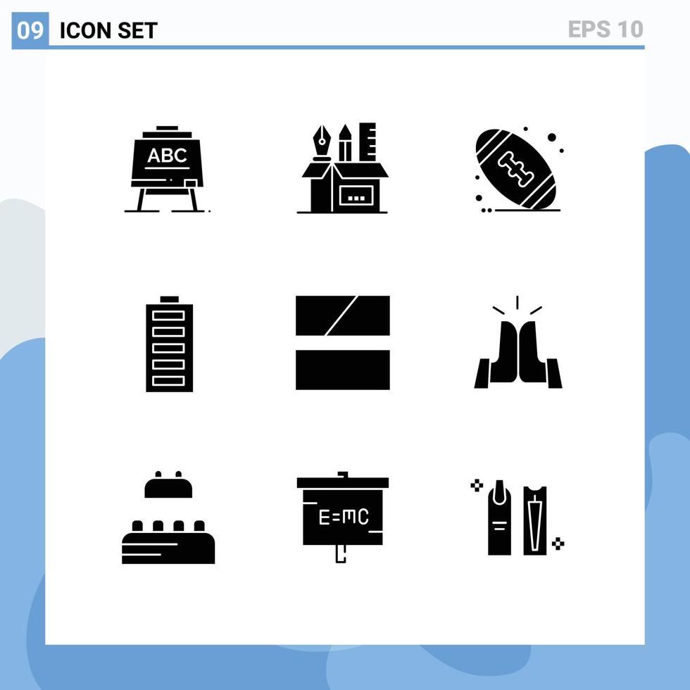 pack de 9 glyphes solides créatifs d'édition d'éléments de conception vectoriels modifiables de batterie d'électricité stationnaire vecteur