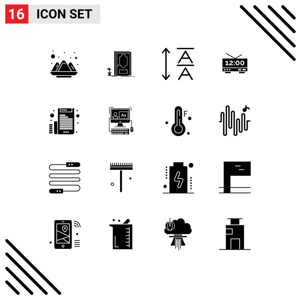 groupe de 16 glyphes solides modernes définis pour les éléments de conception vectoriels modifiables de l'heure électronique de la police de courrier électronique vecteur