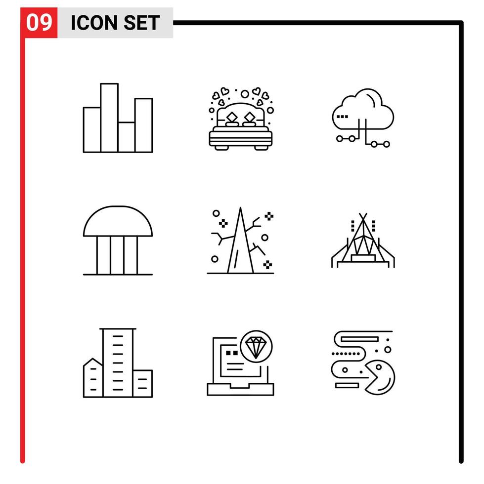 ensemble moderne de 9 contours pictogramme du bâtiment de la cour du palais de justice amour lit repos réseau de la cour éléments de conception vectoriels modifiables vecteur