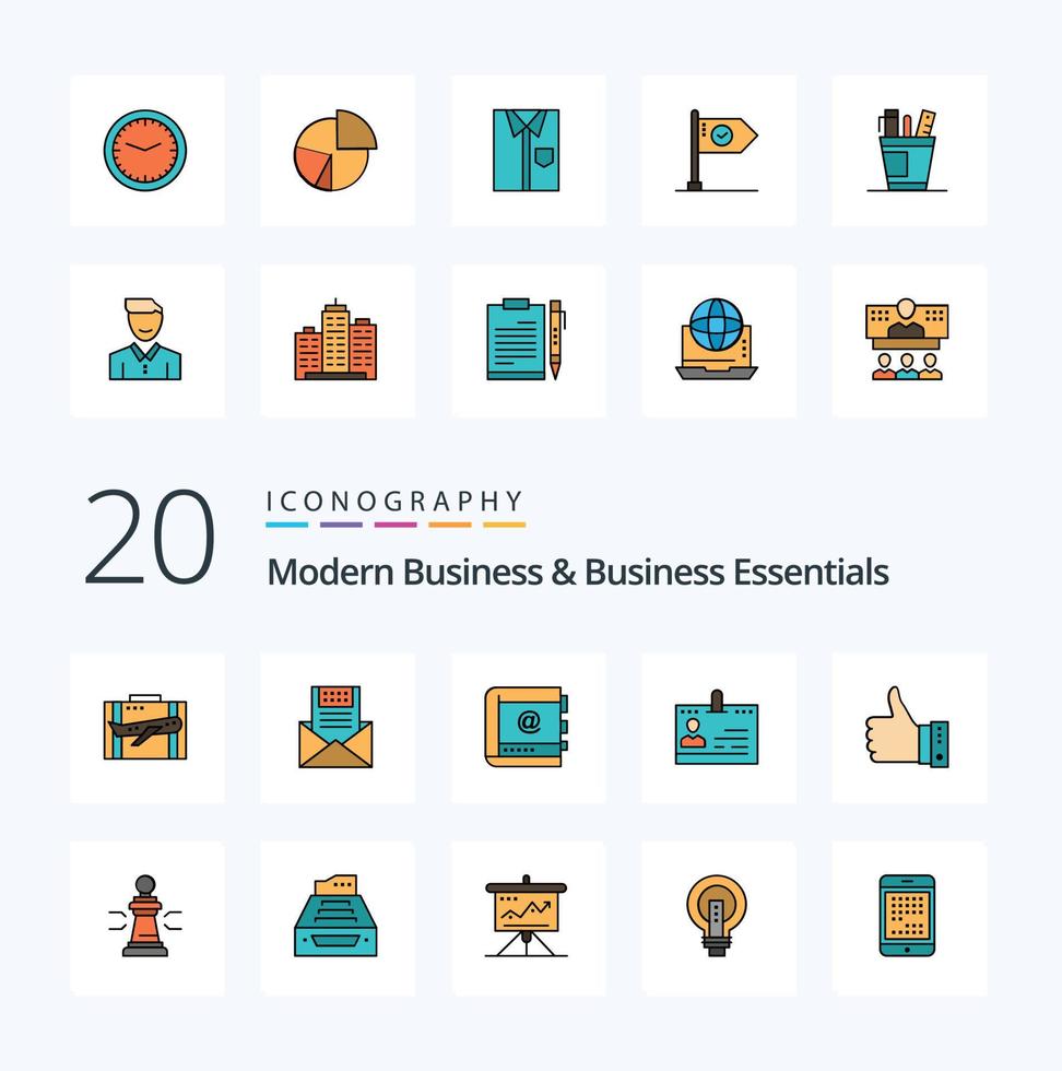 20 pack d'icônes de couleur remplies de lignes d'affaires et d'affaires modernes comme des contacts courrier de livre de communication d'entreprise vecteur