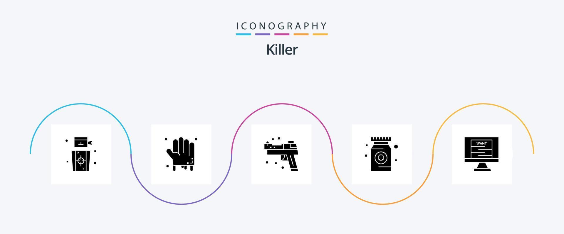pack d'icônes killer glyph 5 comprenant une affiche. pilule. arme à feu. pharmacie. drogue vecteur