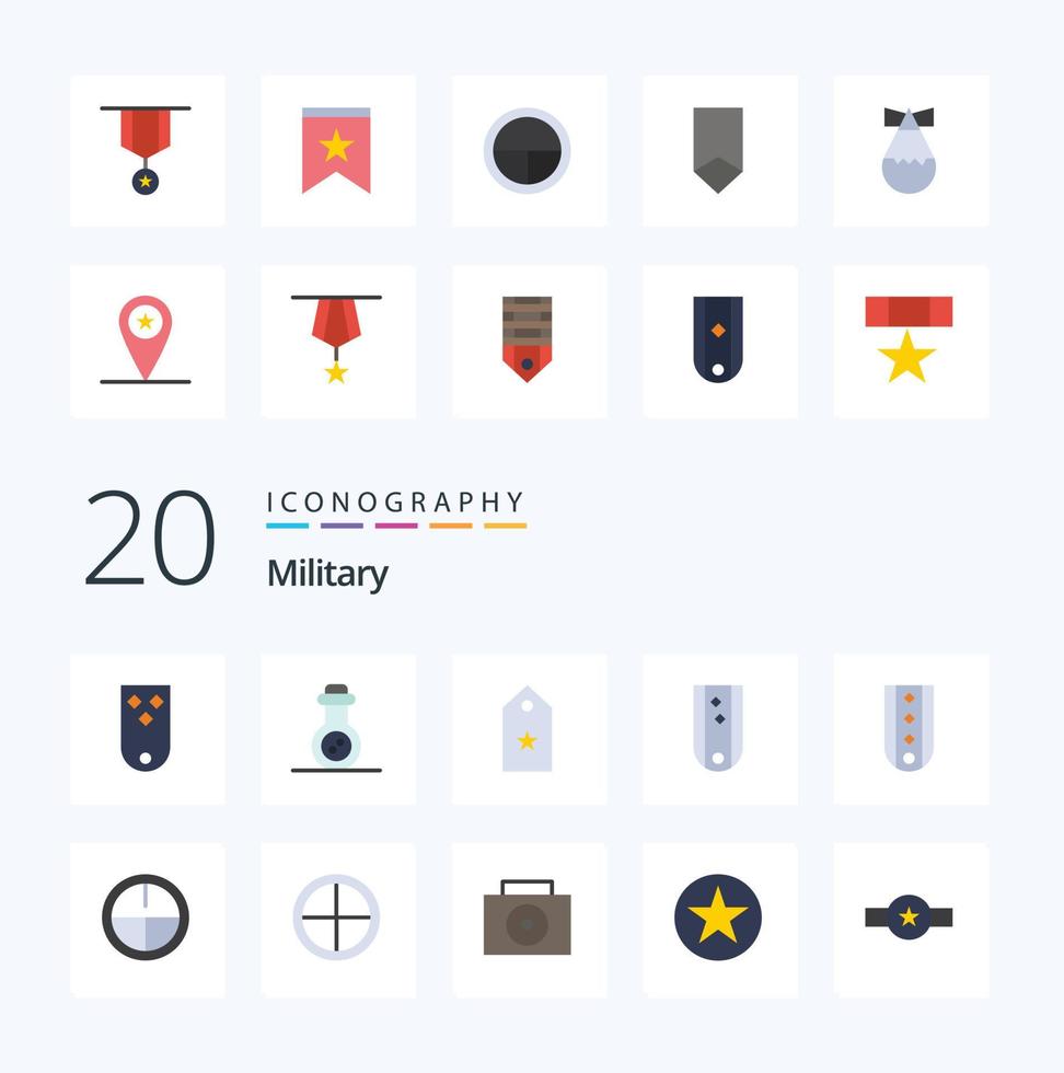 20 pack d'icônes de couleur plate militaire comme une étiquette d'insignes militaires rayés vecteur