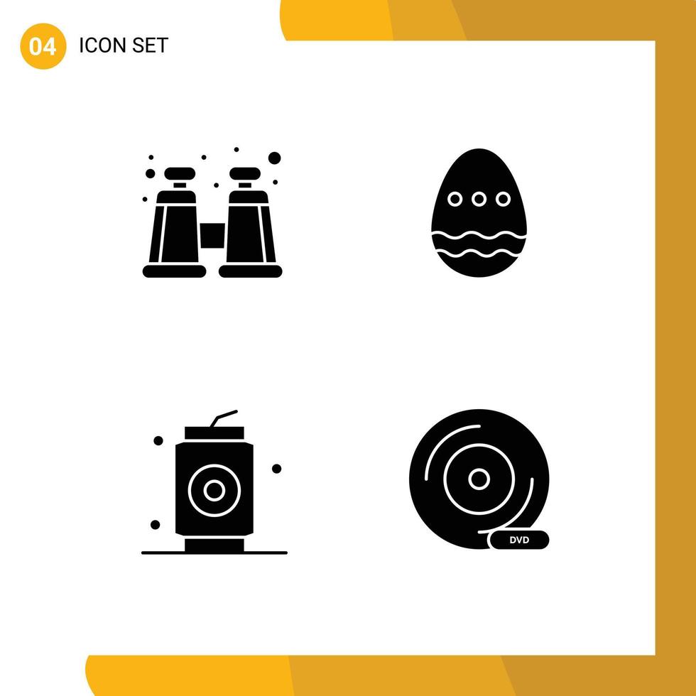 pack de lignes vectorielles modifiables de 4 glyphes solides simples de décoration de boissons binoculaires oeuf cd éléments de conception vectoriels modifiables vecteur