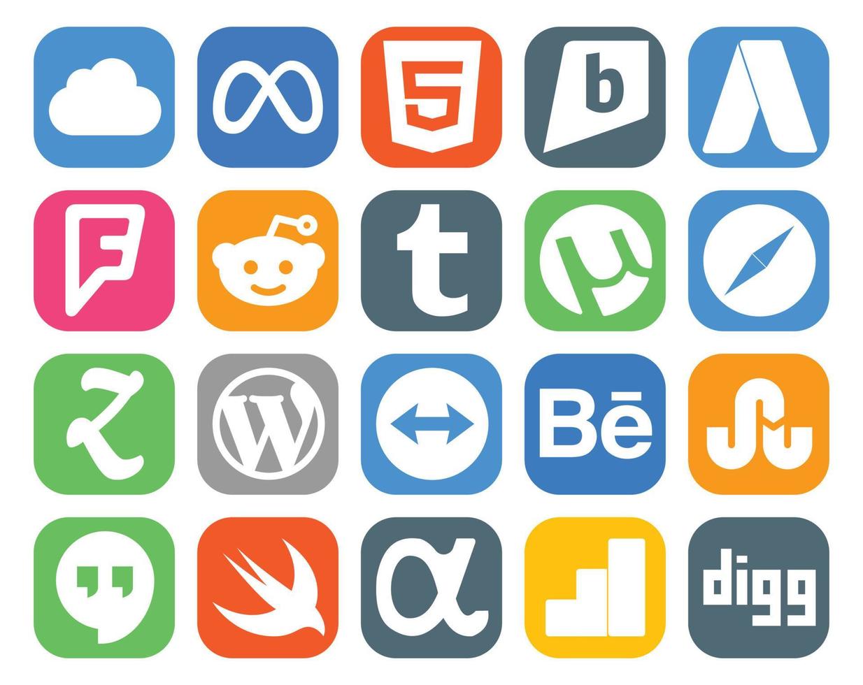 pack de 20 icônes de médias sociaux, y compris stumbleupon teamviewer tumblr cms zootool vecteur