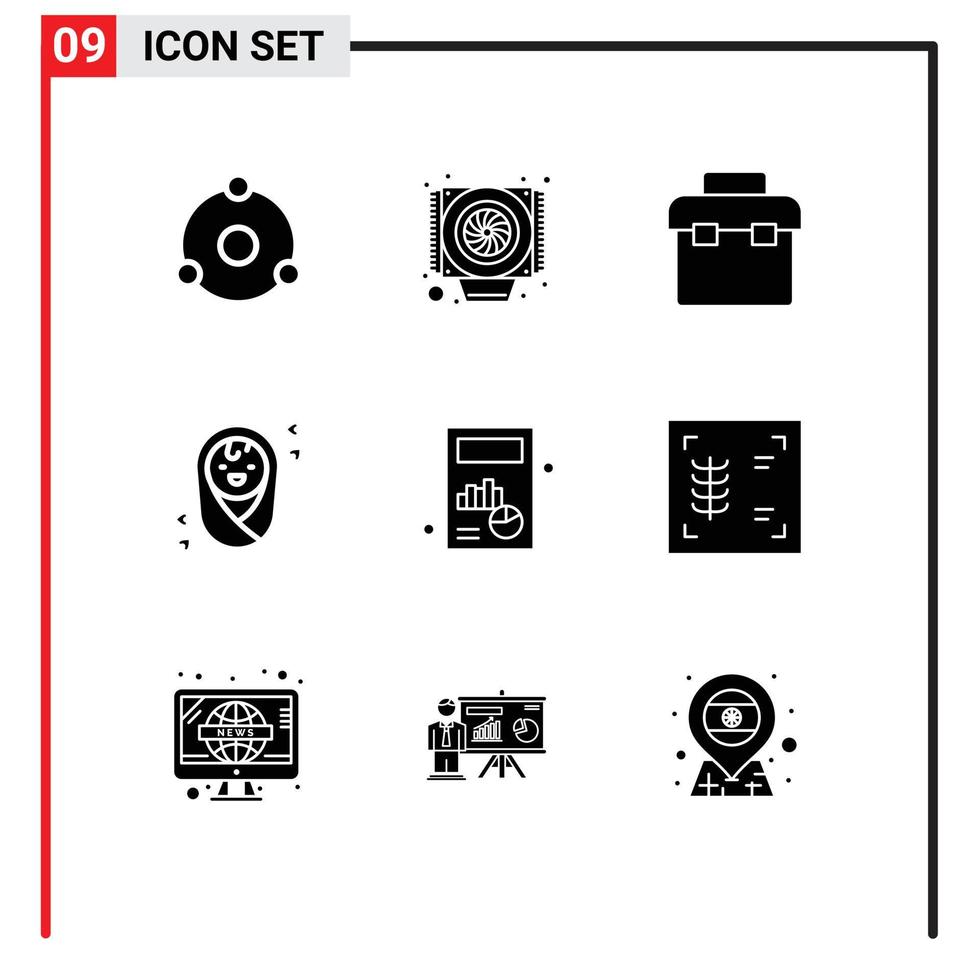 groupe de 9 glyphes solides modernes définis pour le graphique calculer les éléments de conception vectoriels modifiables de l'enfant d'affaires d'équipement vecteur