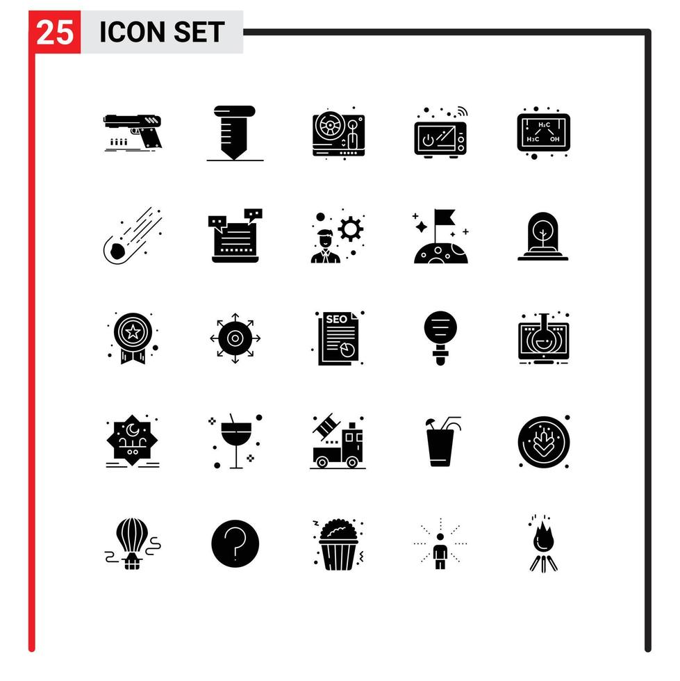 pack de 25 glyphes solides créatifs d'ustensiles de cuisine à micro-ondes à l'éthanol connectent des éléments de conception vectoriels modifiables vecteur