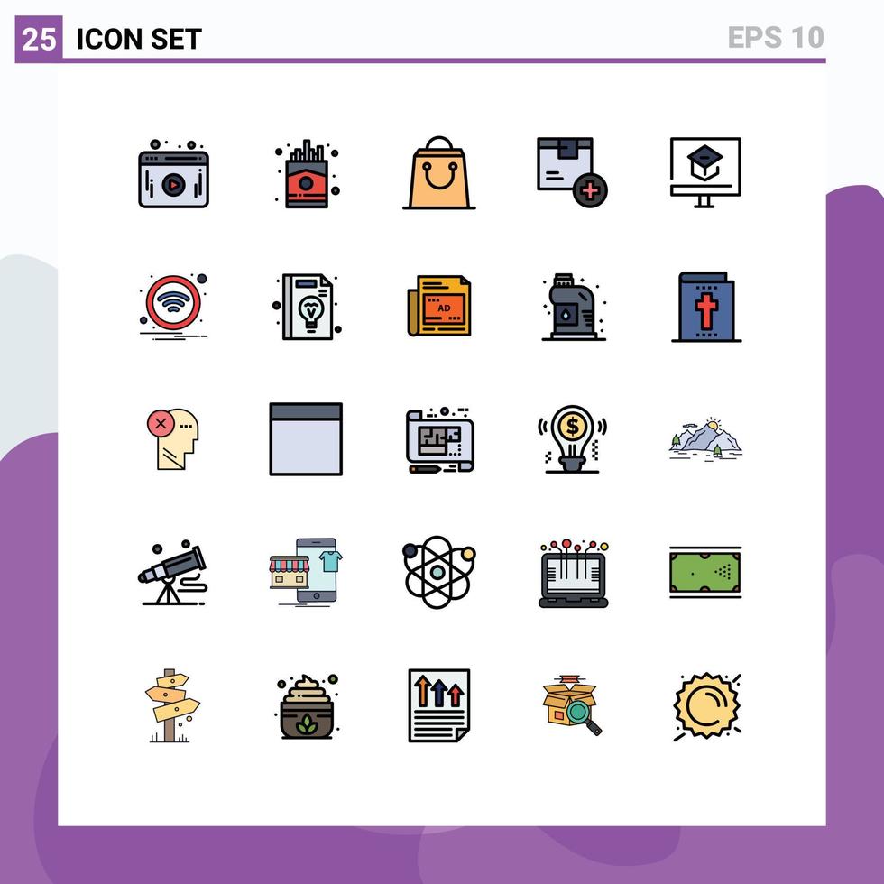 ensemble moderne de 25 pictogrammes de couleurs plates en ligne remplie d'éléments de conception vectoriels modifiables de livraison de produits de magasin d'éducation d'apprentissage vecteur