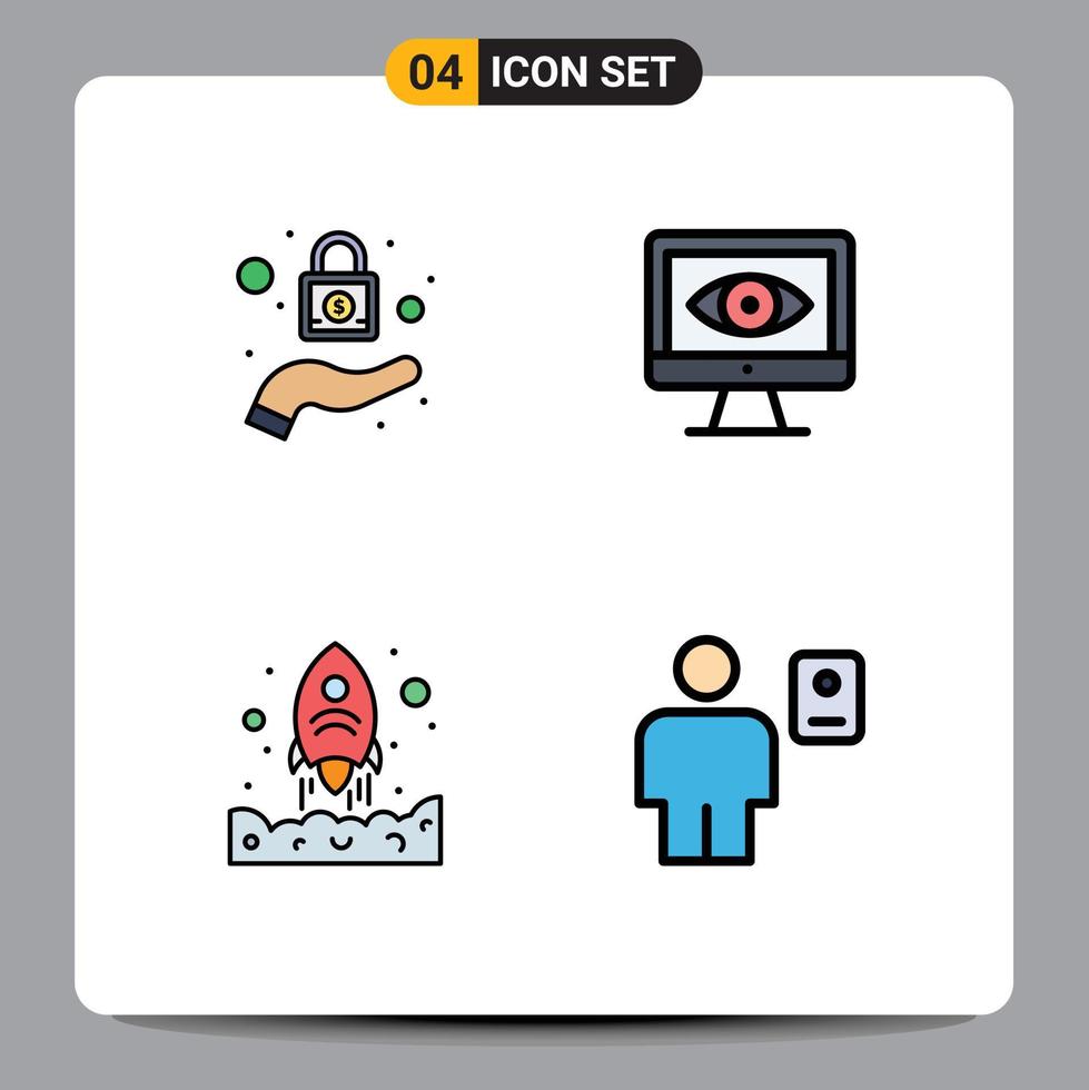 interface mobile ligne remplie couleur plate ensemble de 4 pictogrammes d'ordinateur de verrouillage corps de lancement éléments de conception vectoriels modifiables vecteur