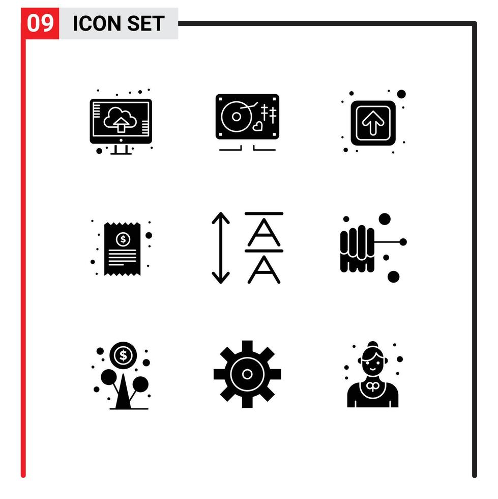 ensemble de pictogrammes de 9 glyphes solides simples d'éléments de conception vectoriels modifiables de facture de reçu de flèche de finance de premier plan vecteur