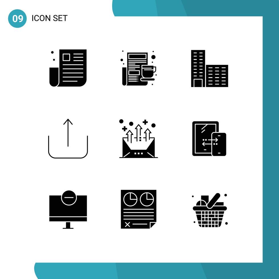 groupe de 9 glyphes solides modernes définis pour l'adresse de communication journal téléverser des éléments de conception vectoriels modifiables multimédia vecteur