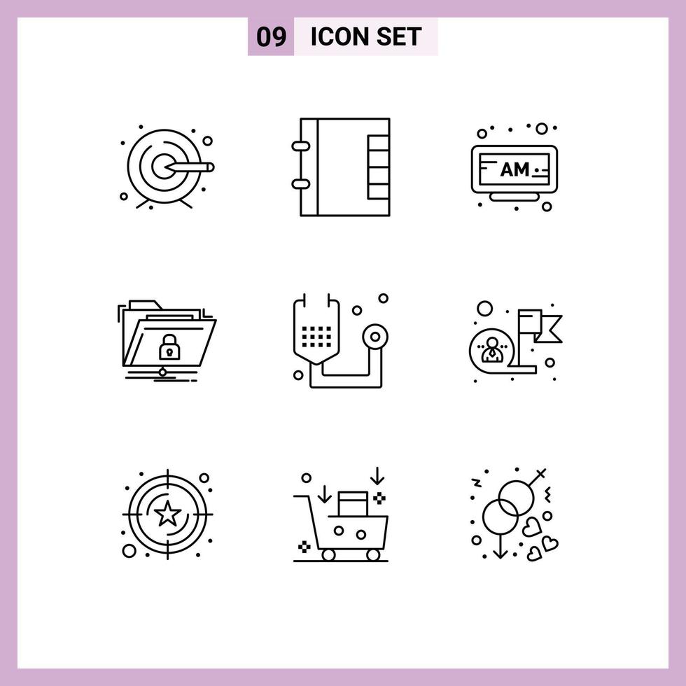 symboles d'icônes universels groupe de 9 contours modernes de forme maladie horloge dossier sécurisé éléments de conception vectoriels modifiables vecteur