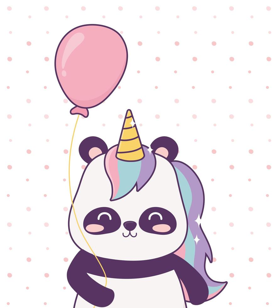 panda avec licorne et ballon fantaisie magique de dessin animé vecteur
