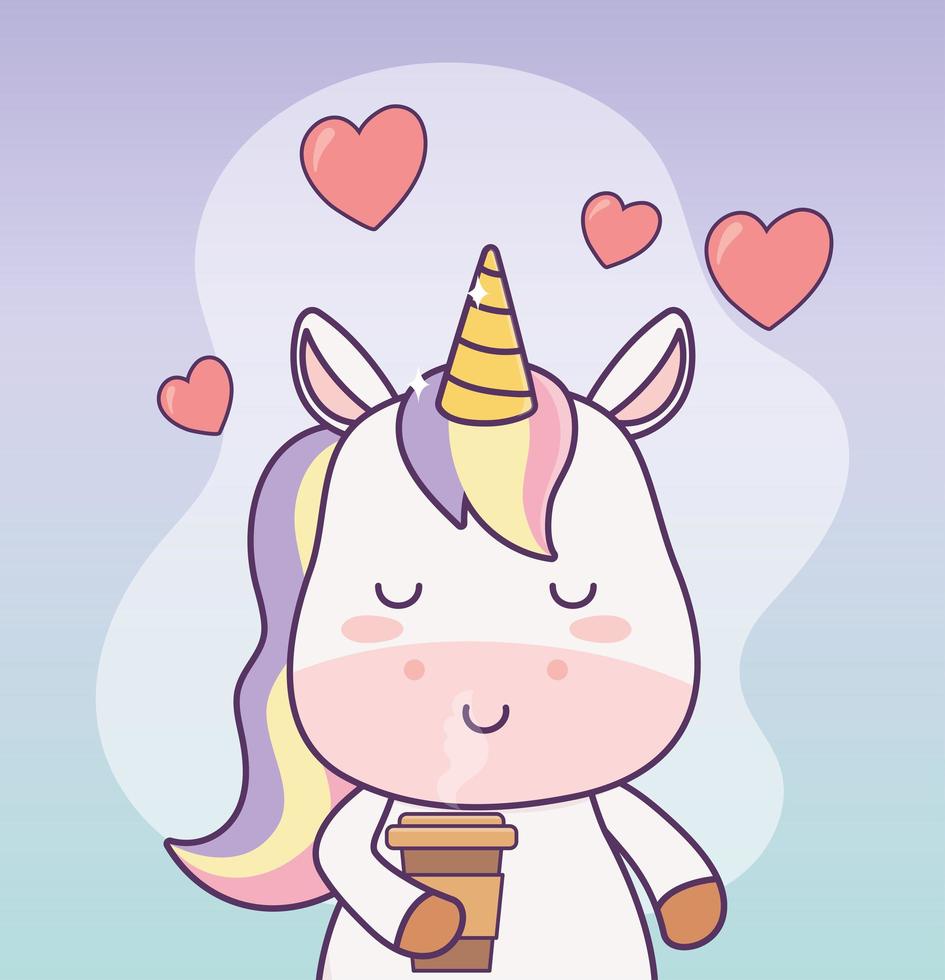 Licorne kawaii avec tasse à café coeurs personnage de dessin animé fantaisie magique vecteur