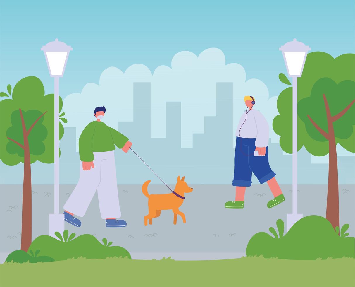 Homme marchant avec chien et garçon écoutant de la musique avec des écouteurs dans le parc de la ville vecteur
